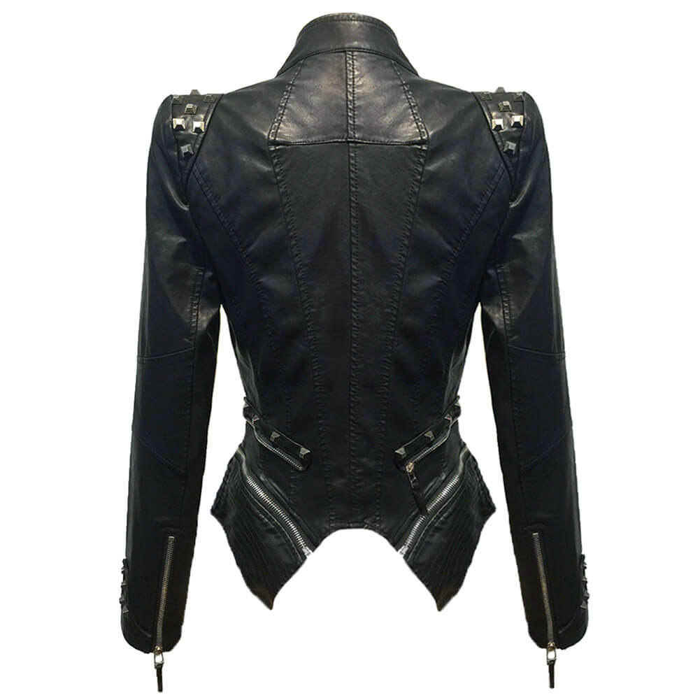 She'sModa Faux Leather Studded Motorcycle Jackets Slim Rivets Tuxedo Coat Biker Jacket