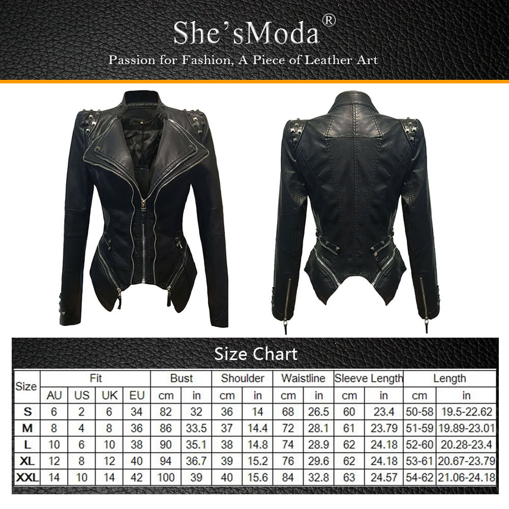 She'sModa Faux Leather Studded Motorcycle Jackets Slim Rivets Tuxedo Coat Biker Jacket