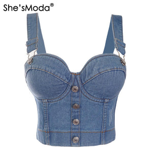She'sModa Denim Jeans Women's Button Bustier Bra Night Club Party Cropped Top Vest Plus Size