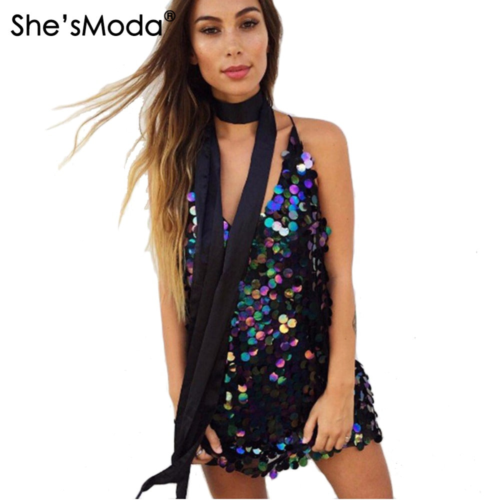 She'sModa Sequined Backless V-neck Women's Sexy Evening Party Mini Dress