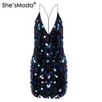 She'sModa Sequined Backless V-neck Women's Sexy Evening Party Mini Dress