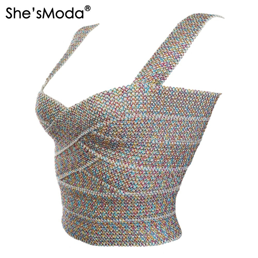 She'sModa Golden Thread Bandage V-neck Women's Spandex Tops Vest Bachelorette Tank M-2XL Plus Size