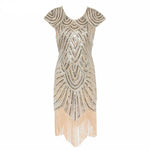 Beige Sequined Bead Flapper Embellished Bodycon Mini Dress