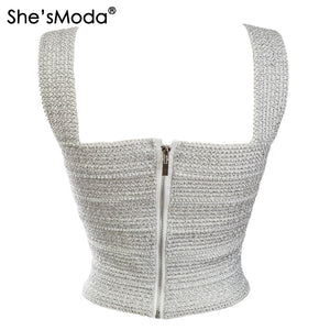 She'sModa Golden Thread Bandage V-neck Women's Spandex Tops Vest Bachelorette Tank M-2XL Plus Size